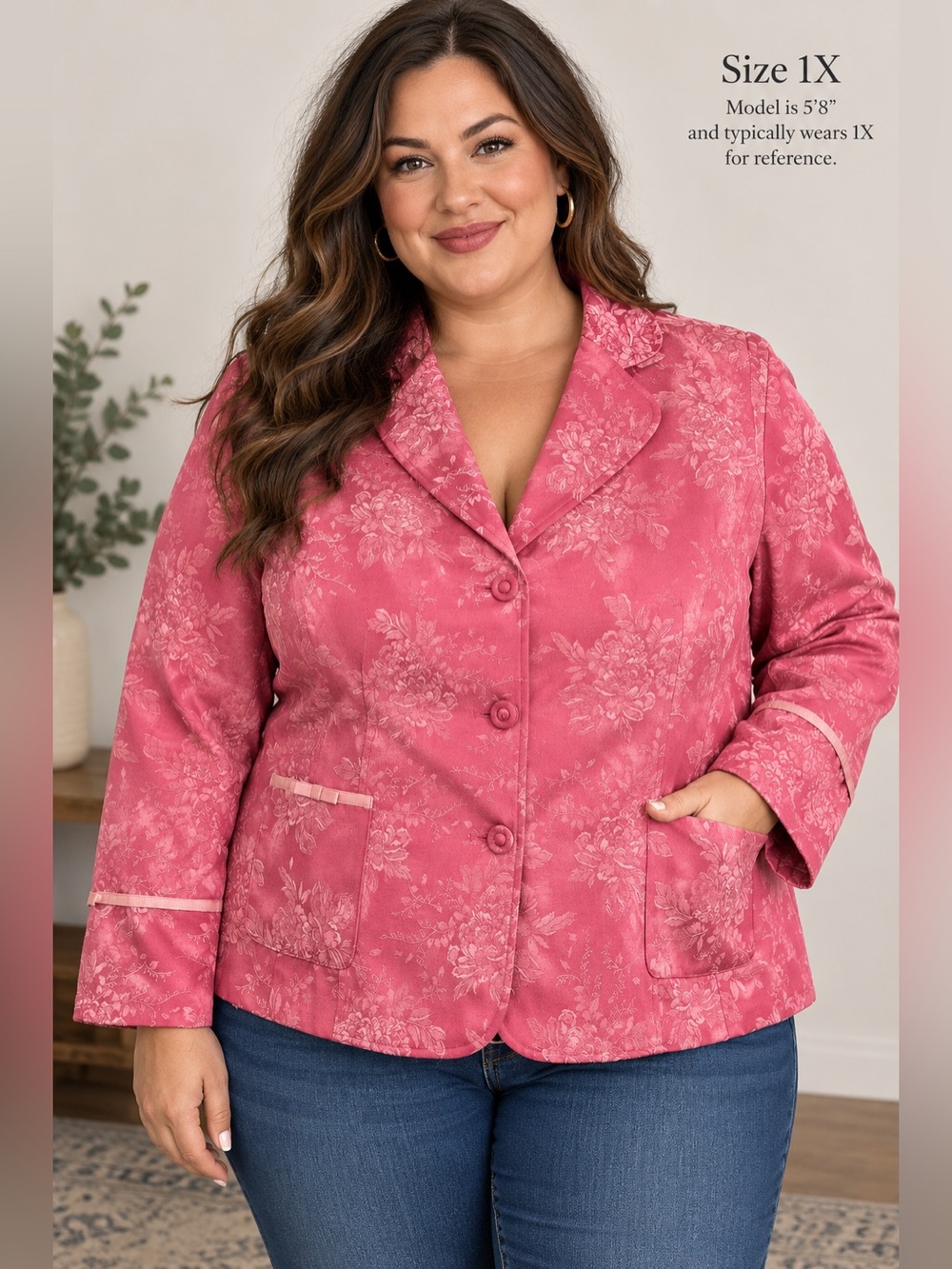Vintage Susan Graver Style 1X Pink Floral Jacquard Blazer Jacket Plus Size